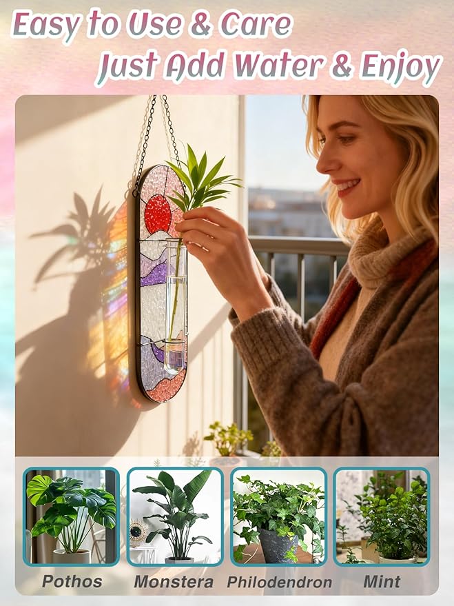 Stained Glass Plant Propagation Stations - Handmade Sunshine Catcher Hydroponic Planter Window Hanging with Glass Tubes, Terrarium Decor Gifts for Women Mom Plant Lovers, Red