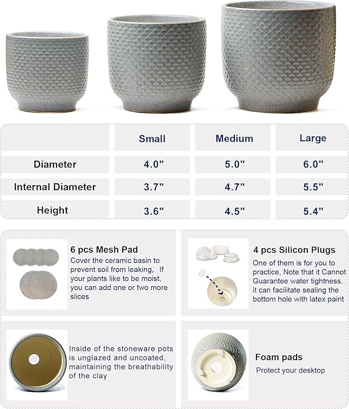 4 + 5 + 6 Inch Ceramic Pots for Indoor Plants, Succulents Plant Pots, Orchid Flower Pot with Drainage Hole, Modern Clay Stoneware Planters, Set of 3 (Reactive Glaze Grey Blue, 4 + 5 + 6 Inch）