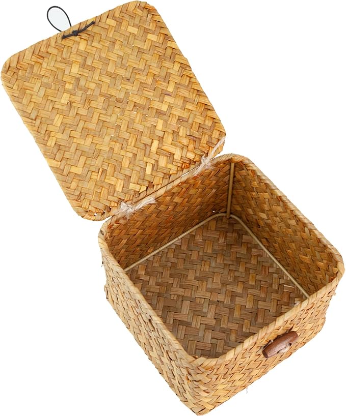 Seagrass Handmade Basket with Lid, Small Basket for Storage, Decorative Home Organizer Decor(5.5"L x 5.5"W x 4"H, Natural)