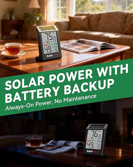 BALDR Indoor Thermometer Hygrometer, Solar Power with Battery Backup, Large Display, Daily Max/Min & Comfort Indicator Humidity Meter（Black）