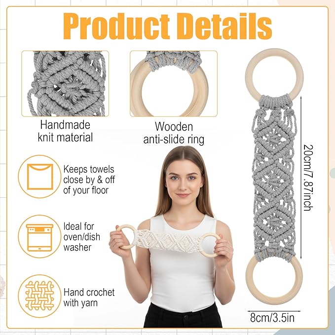 2 Pcs Kitchen Towel Holder, Dish c Hanger with Beech Wood Ring for Hanging Kitchen Towels, Cotton Crochet Dish Towel Holder for Kitchens, Over Cabinet Towels Holders (Grey and Beige)
