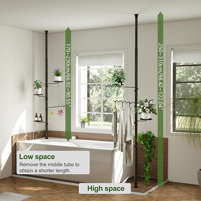 BAOYOUNI 4 Tier Indoor Plant Pole Stand Tension Rod Adjustable Flower Display Rack Spring Loaded Floral Hanger Storage Shelf with 3 Trays & 1 Wave Hook , Black (3 Trays & 1 Wave Hook, 4 Tier)