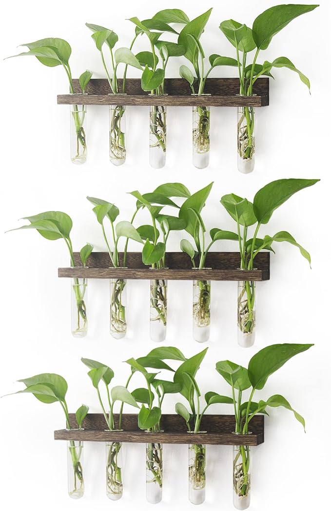 Renmxj Plant Propagation Station Tubes, 3 Tiered 15 Wall Hanging Glass Test Tubes Vase Planter for Hydroponic Home Garden Office Decor, Gardening Gifts for Women Plant Lover - Brown