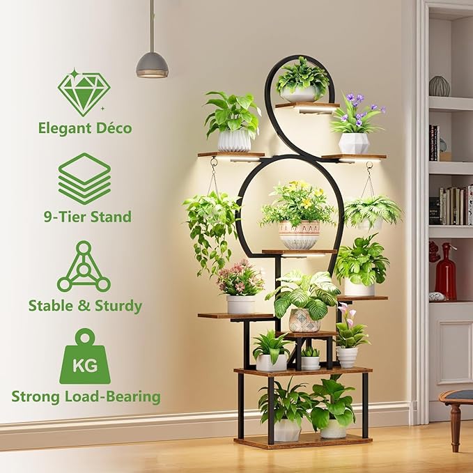 Plant Stand Indoor with grow lights: 9 Tiered Large Plant Shelf with Lights, 64" Multi Tier Tall plant stand for indoor growing Llighted Corner Plant Rack