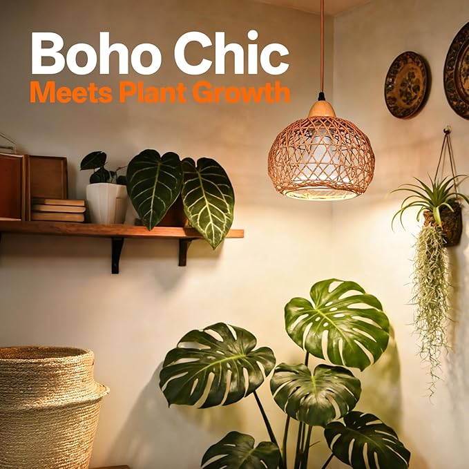 Bstrip Hanging Grow Lights for Indoor Plants, 18W Full Spectrum Plant Light with 4H/9H/14H Timer 15.9 FT Power Cord & Boho Rattan Shade, 3800K Hanging Lights for Indoor Plant, Tall Plant, Flowers