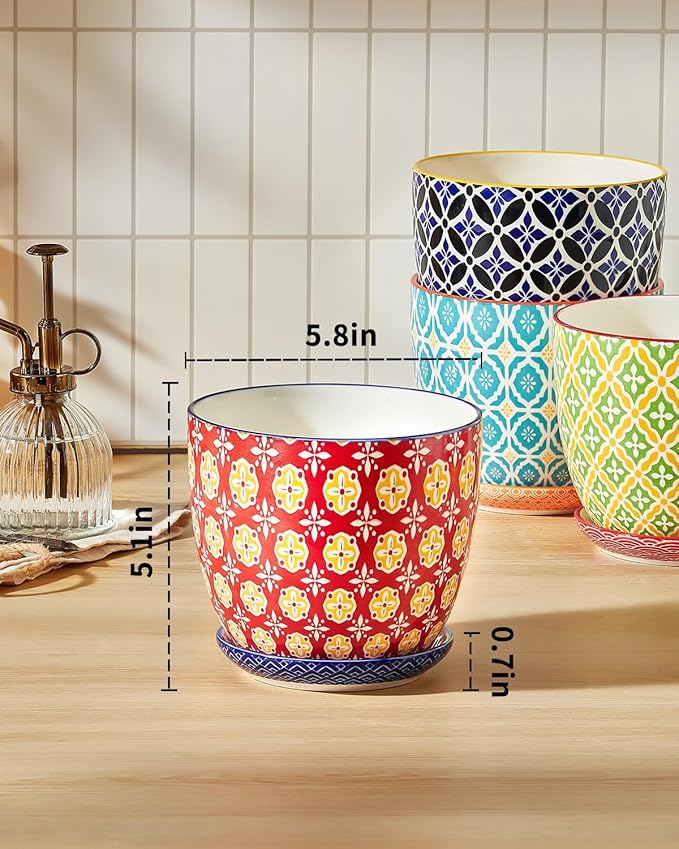 Metahom Ceramic Plant Pots, 5.8 Inch Flower Pots for Indoor Plants, Colorful Planters with Drainage Hole & Saucer, Garden Planters for Succulent, Orchid, Cactus, Home Decor, Set of 4