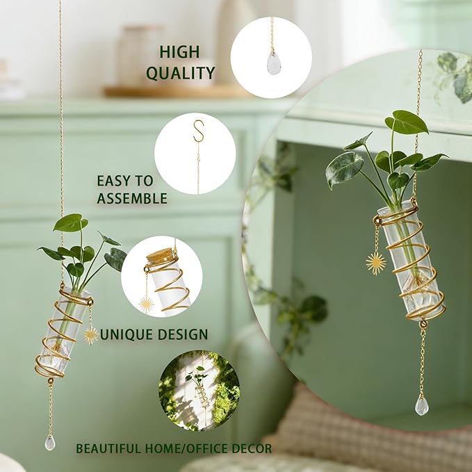 Plant Propagation Station Glass Hanging Propagation Tubes for Indoor Plants, Hydroponics Wall Planter Holder with Hanging Chain, 3Pcs Propagation Vases Hydroponics for Women Plant Gifts