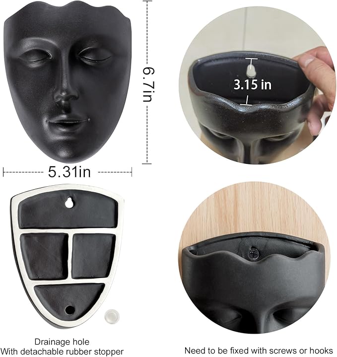Notakia Face Planter Pot Wall Mounted Outdoor/Indoor Planter with Drainage for Succulents, Cactus, and Small Plants Unique Home Decor Gift for Friends and Family (Black)