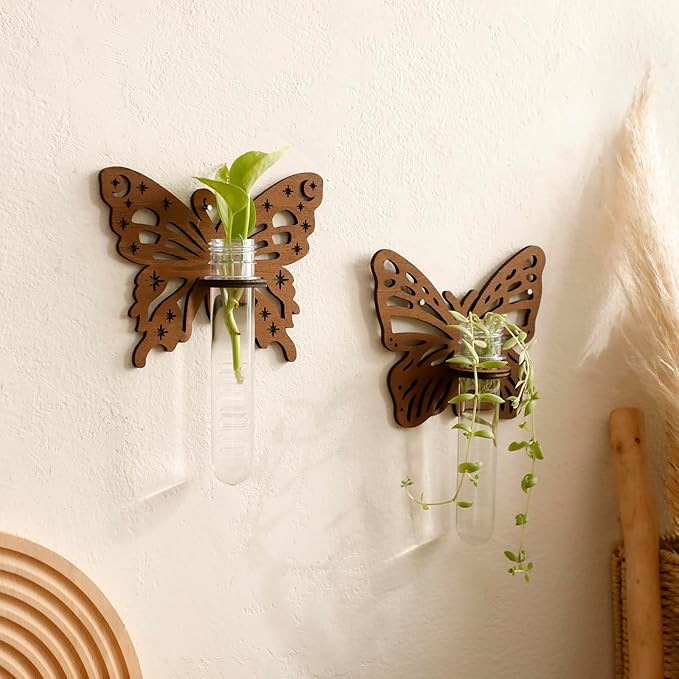 Artilady 2 Pack Plant Propagation Station Butterfly Wall Hanging Wood Plant Terrarium for Hydroponics Home Office Decor Test Tube Propagate Air Cutting Holder