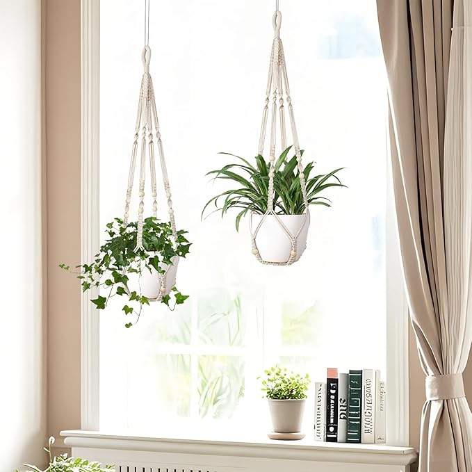 LEWESU Macrame Plant Hanger Indoor Set of 2 with 4 Hooks, Indoor Outdoor Hanging Planter for Plants Holder with Decorative Wood Beads & No Tassels, Boho Home Decor, 35 Inch Ivory (Pots Not Included)