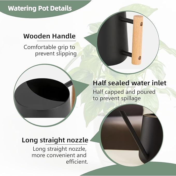 Indoor Watering Can with Long Spout, 34oz Capacity, Black Metal with Wood Handle (Black-Z1)