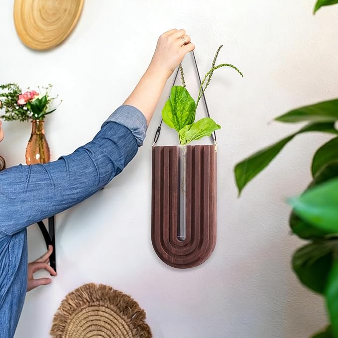6Pcs Wall Mounted Plant Propagation Stations, Wood Wall Hanging Planters with Test Tube Socket, Modern Geometric Hydroponic Vase for Indoor Plants, Boho Decor for Room Office Entryway