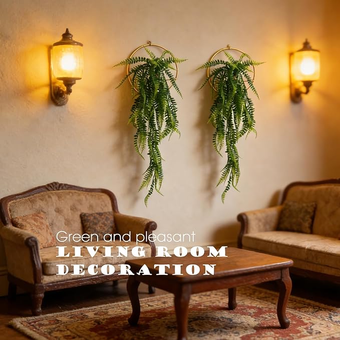 GREENTIME 2 Pack Fake Plants Hanging Artificial Ivy Vine with Gold Round Metal Hanging Vase Faux Hanging Boston Fern for Teacher Appreciation Living Room Bedroom Boho Kitche Wall Shelf Outdoor