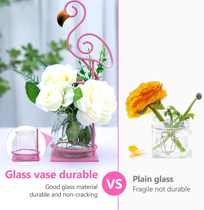 Desktop Glass Planter Vase Holder, esktop Glass Planter Hydroponics Vase，Metal Flamingo Plant Terrarium， Stand for Plants Creative Decorations for Home Patio Lawn Garden