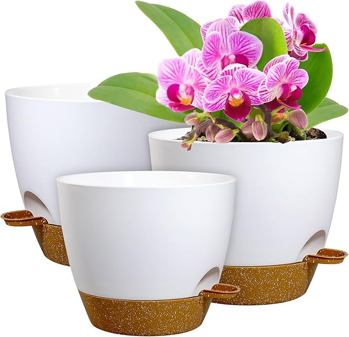 WSMKSZ 10/9/8 inch Medium Self Watering Pots, Planter, Plant Pots with Mesh Drainage Holes for Indoor Outdoor Garden Plants, Plastic Flower Pots with Removable Deep Reservoir, White with Brown