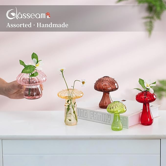Glasseam Mushroom Flower Bud Vases: Set of 5 Cute Colored Glass Small Vase for Flowers, Unique Aesthetic Decorative Vases for Home Decor, Hydroponic Plant Vase Indoor for Dining Room Centerpieces