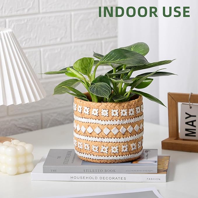 vomiceak Concrete Rattan-Style Plant Basket Planter, 5" Plant Pots Indoor Outdoor with Drainage Hole, Boho Flower Pot for Succulents, Herbs, Modern Farmhouse Decor, Ideal Gift for Plant Lovers