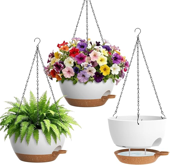 UOUZ Set of 3-10 Inch Self Watering Hanging Planters for Indoor Outdoor，Hanging Plant Pots with Drainage & Removable Tray, Hanging Pots Holder for Pothos Plant, Ferns, Balcony & Patio,White with Brown