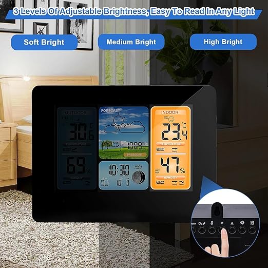 ALLOMN Weather Station Wireless Indoor Outdoor Thermometer, Color Display Digital Thermometer with Remote Sensor, Home Weather Station with Barometer Dual Alarm Clock, Forecast Station, Black