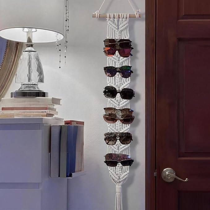 AceOrbit Macrame Sunglasses Holder Boho Wall-Mounted Hanging Sunglasses Organizer Vertical Woven Glasses Holder Display Storage Rack for Bohemian Bedroom Home Office Decor(Elegant Style,White)