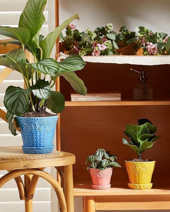 Metahom Ceramic Plant Pots, 3.8+4.9+5.8 Inch, Set of 3 Flower Pots with Drainage Hole & Saucer, Embossed Planter Pots for House Plants, Home Decor, Set of 4, Assorted Colors