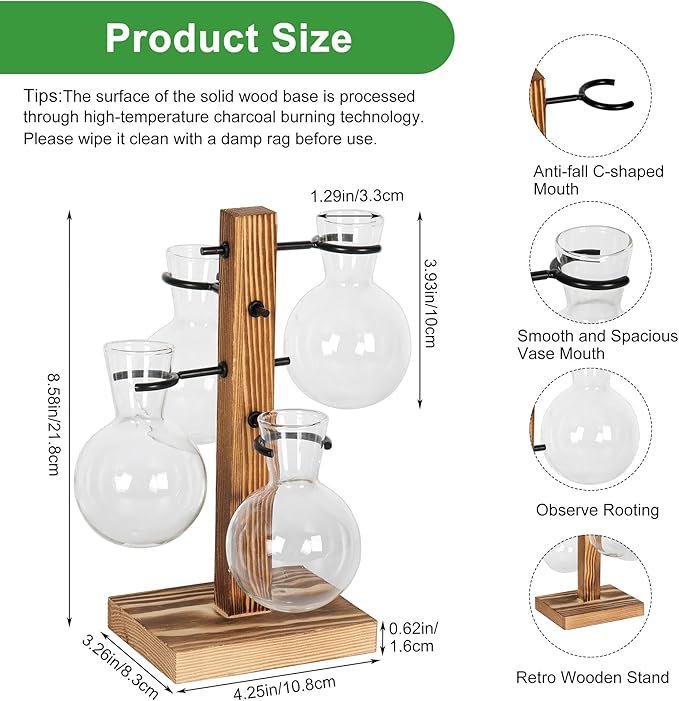 Plant Propagation Station with 4 Glass Vases & Wood Stand, Hydroponic Air Planter for Indoor Plants, Unique Gardening Gift for Women & Plant Lovers, Desktop Terrarium for Home Decor