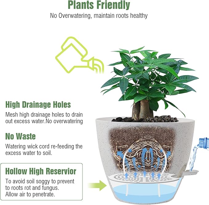 UOUZ 12 inch Large Self Watering Pots, Plastic Planters with 60oZ Removable Deep Reservoir and Multi Mesh Drainage Holes for Indoor Outdoor Garden Plants and Flowers, White Speckles