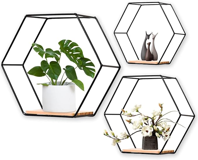 5 Pieces Hexagon Iron Wall Shelves Storage Rack Living Room Geometric Kitchen Bedroom Organizer for Mini Planter Displaying, Black