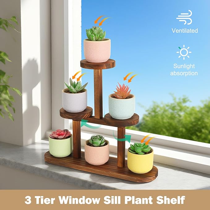 3 Tier Wood Table Top Plant Stand,Small Windowsill Plant Shelf Desk Succulent Stands, Mini Flower Stand Holer Rack for Desktop,Countertop,Window,Kitchen,Office ,Corner,Round,Narrow,Walnut Color