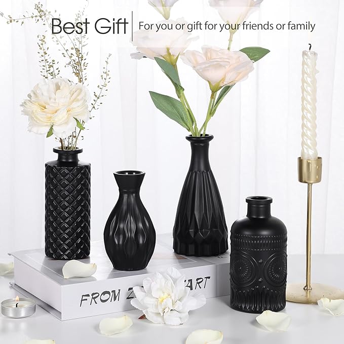 TBWIND 12pcs Glass Black Bud Vases Set, Small Vases for Flowers, Bud Vase for Centerpieces in Bulk, Mini Vintage Vase for Rustic Wedding Decorations, Office and Home Table Flower Décor