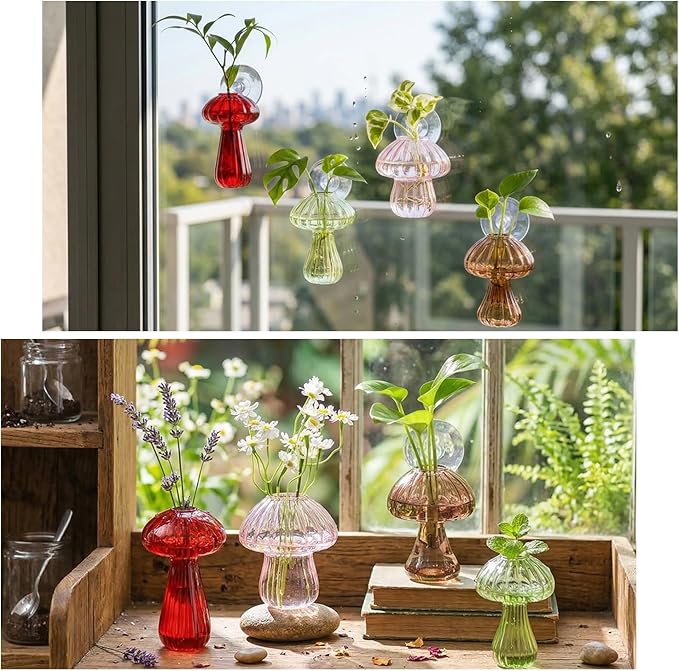 Window Propagation Stations, Propagation Vases, Colored Mushroom Glass Vases with Suction Cups, Nail-Free Easy-Install Wall-Mounted Planters, Plant Lover Gifts (4-Pack)