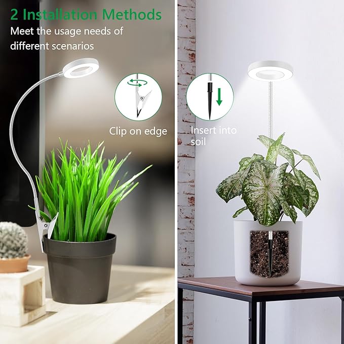 Plant Light Clip on 2 Pack, 6000K White Full Spectrum Plant Lights for Indoor Growing, Halo Grow Lamp with 360° Gooseneck, 6/12/16H Timer, 3 Light Modes, 5 Level Dimmable