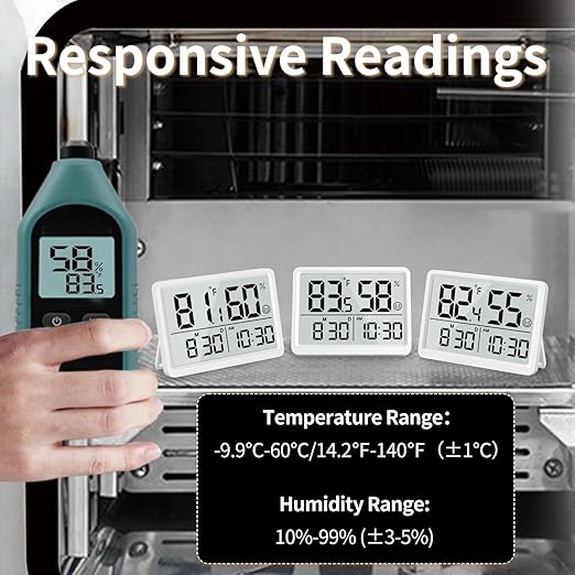 DOOMAY Digital Room Thermometer and Humidity Monitor with Calibration,High Accuracy Sensor Indoor Hygrometer with Date & Clock Desktop Magnet Sticky for Baby Room Greenhouse Guitar(White)
