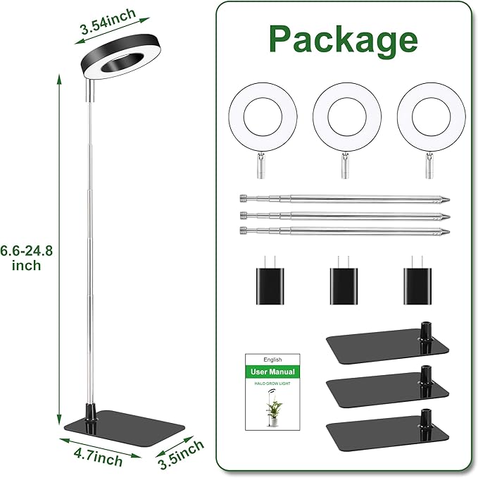 Black 3.54" LED Grow Light, Full Spectrum Plant Lights for Indoor Growing with 3/9/12H Timer, 3 Color Modes, 10 Brightness, Height Adjustable, Small Halo Grow Light with Base, 3 Pack