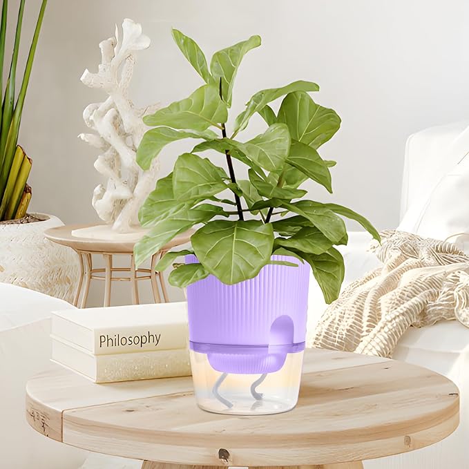 3 Pack - 5.5 Inch Self Watering Planter Pots for Indoor Plants - African Violet Pots with Wick Rope - Purple