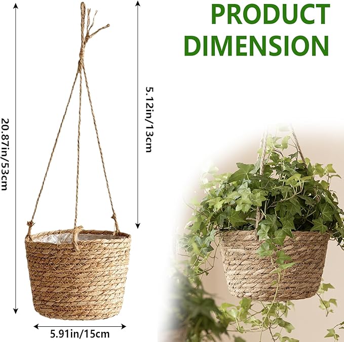 8-Inch Small-Caliber Woven Jute Hanging Planter – Seagrass Plant Basket, Decorative Hanging Plant Holder, Ideal for Home Décor and Storage