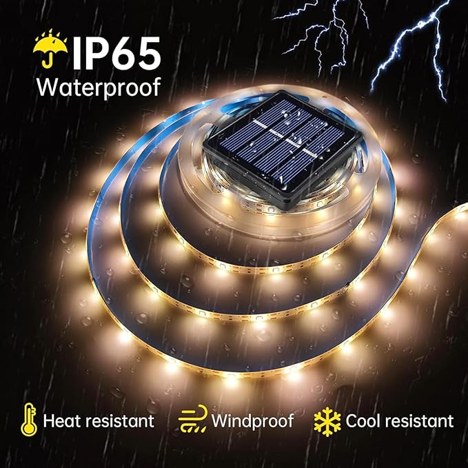 Solar LED Strip Lights Outdoor Solar Powered Rope Light Waterproof 10FT Cuttable Tape Lighting 3000K Warm White with 8 Modes for Fence, Outside, Stair, Step, Yard, Pool, 1 Pack
