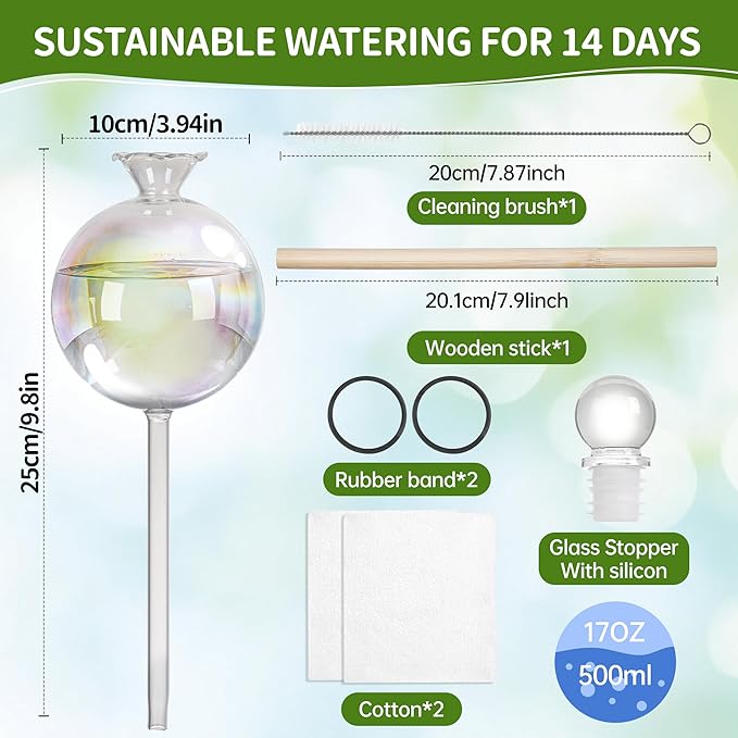 17 oz 2 Weeks Extra Large Plant Watering Globes, Iridescent Glass Self Watering Globes, Self Watering Planter Insert, Plant Watering Devices, Automatic Watering Bulbs for Daily Use (Large 2-Pack)