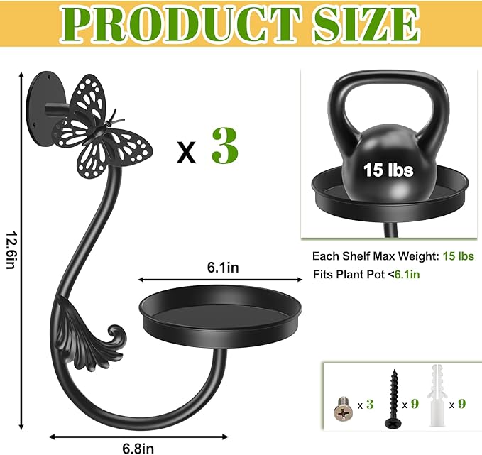 Wall Plant Holder Indoor, Metal Hanging Planters Hanger Floating Flower Display Stand for Window, Plant Shelves Hanging Plant Holder Window Plant Hanger Plant Decor Black (Butterfly-3Pc)