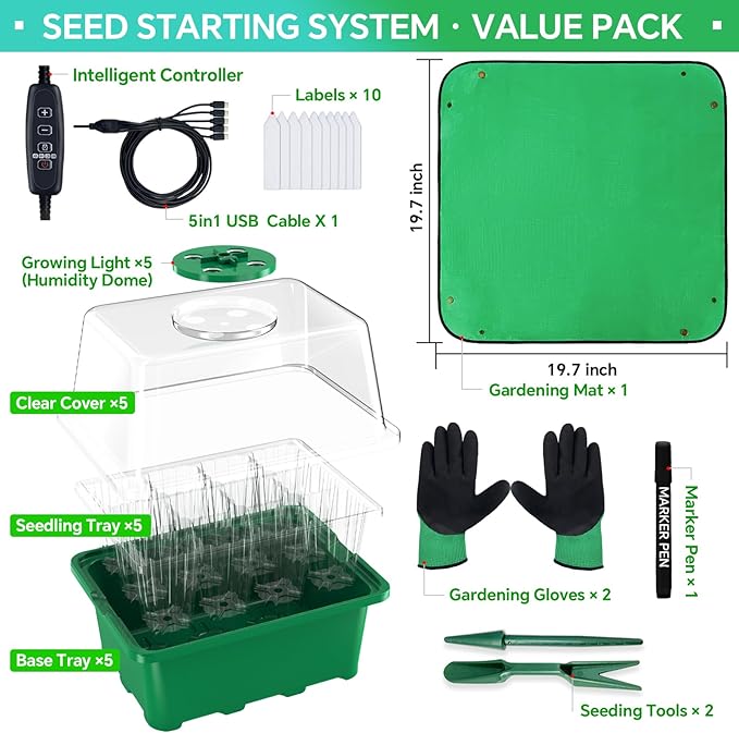 5 Packs Seed Starter Tray with LED Light, Upgraded 60 Cells Seed Starter Kit, Adjustable Brightness & Timing & Vents, Professional Seed Germination Kit for Indoor & Outdoor Plant Growing