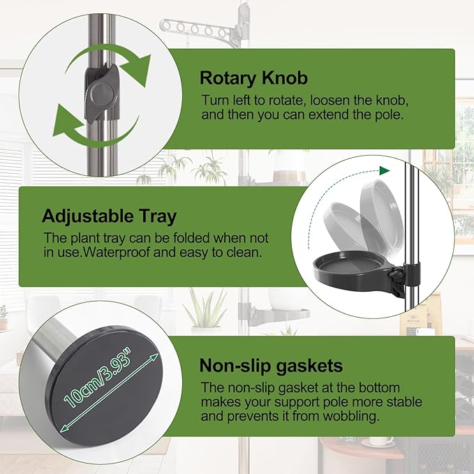 BAOYOUNI 7-Tier Indoor Plant Pole Spring Tension Rod Expandable Flower Pots Display Rack Stand Hanger Metal Corner Storage Shelf, Grey