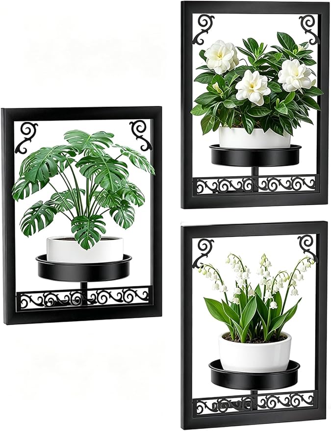 WGFKVAS Wall Plant Holder Set of 3, Picture Frame Plant Holder, Rustproof Holder Metal Modern Style Home Gardening Wall Decor for Living Room Bedroom, Entryway, Black