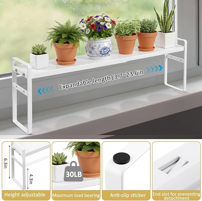 2 Pcs Expandable Window Sill Plant Shelf, 13.7 x 3.5 x 7.28 Inches, Stackable Narrow over The Sink Shelf, Adjustable Height Metal Window Sill Extender Shelves for Kitchen Bathroom (White)