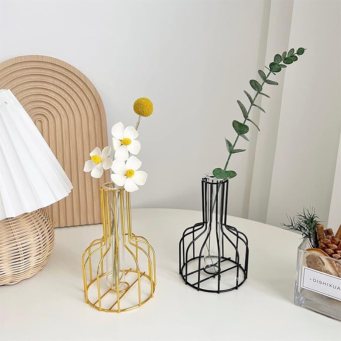 2 Pack Gold Black Table Vase,Metal Frame Geometric Vase Test Tube Clear Glass Vase Hydroponic Plants,Small Bud Vase for Home Farmhouse Office Table Desktop Decor (Gold Black)