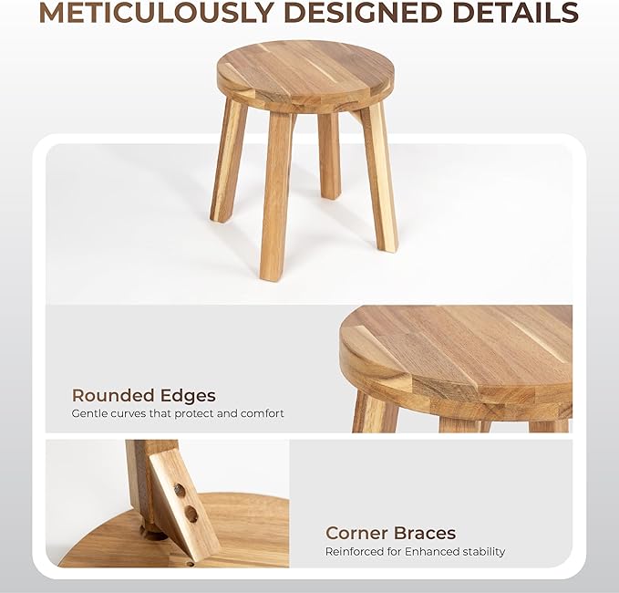 ARROWSTONE Round Stool Acacia Wood, 12" Height, 11" Round Top, Backless, Easy Assembly, Natural Wax Finish, Wooden Stool for Plant, Dining Room, Living Room, Garden, Makeup