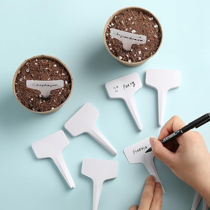 500 Pack Plant Labels T-Shape, 4 Inch Potted Plant Name Tags Plastic, Seedlings Seed Markers Nursery Plant Stake Tag with Marking Pen for Outdoor Indoor Garden Patio Flower Vegetable, White