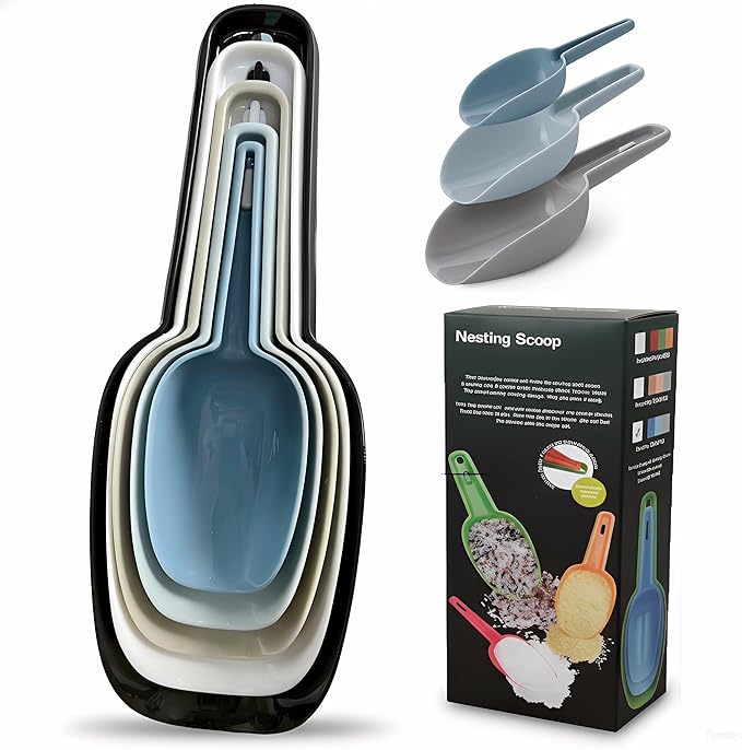 Ice Cube Scoop Plastic Set of 5, Plastic Measuring Scoops for Dry Goods, Ice Cubes & Coffee Beans, Measure Scoops for Canisters, Plastic Scoops for Dog Food BPA-Free, Stackable for Easy Storage