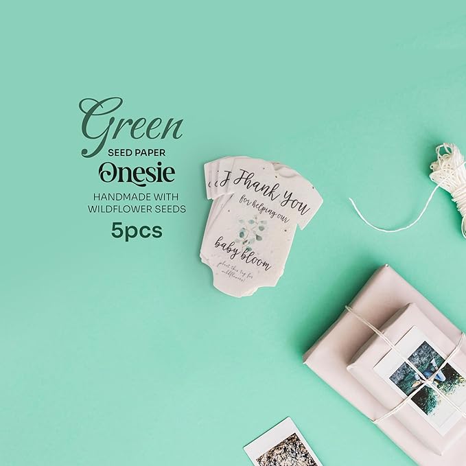 5pcs Green Onesie-Shaped Gift Tags with Wildflower Seeds - Writable Gift Wrap Tags for Baby Showers, Mother's Day Present, Party Favors, DIY Crafts, & Earth Day Decorations