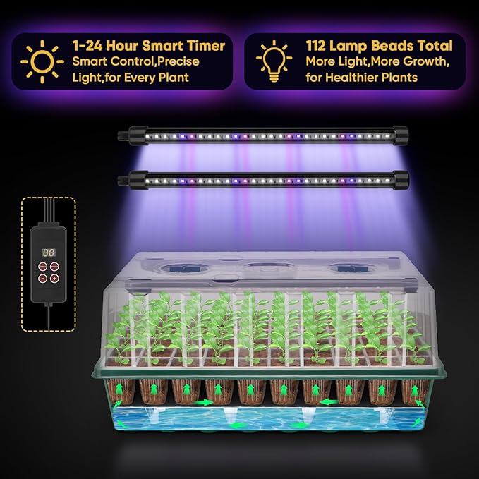 BlumWay 120-Cell Self-Watering Seed Starter Tray with Grow Light, 1-24H Timer, Seed Starter Kit with 4.02" Humidity Dome, Seedling Tray for Indoor Plant Starter, Plant Germination Trays-Green