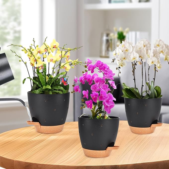 Vanslogreen 6 Inch Orchid Pots with Holes, 2 Pack Self Watering Planters for Orchids Plastic Orchid Pot Plant Flower Pots for Orchids Indoor Outdoor (Black with Brown)